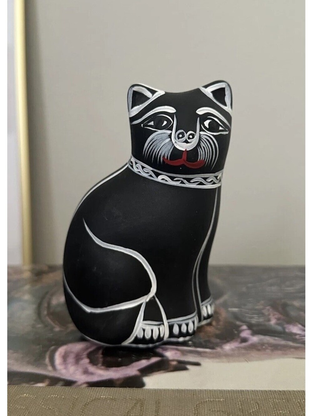 Hand-Painted Ceramic Black And White Mexican Folk Art Cat Figurine Talavera Art